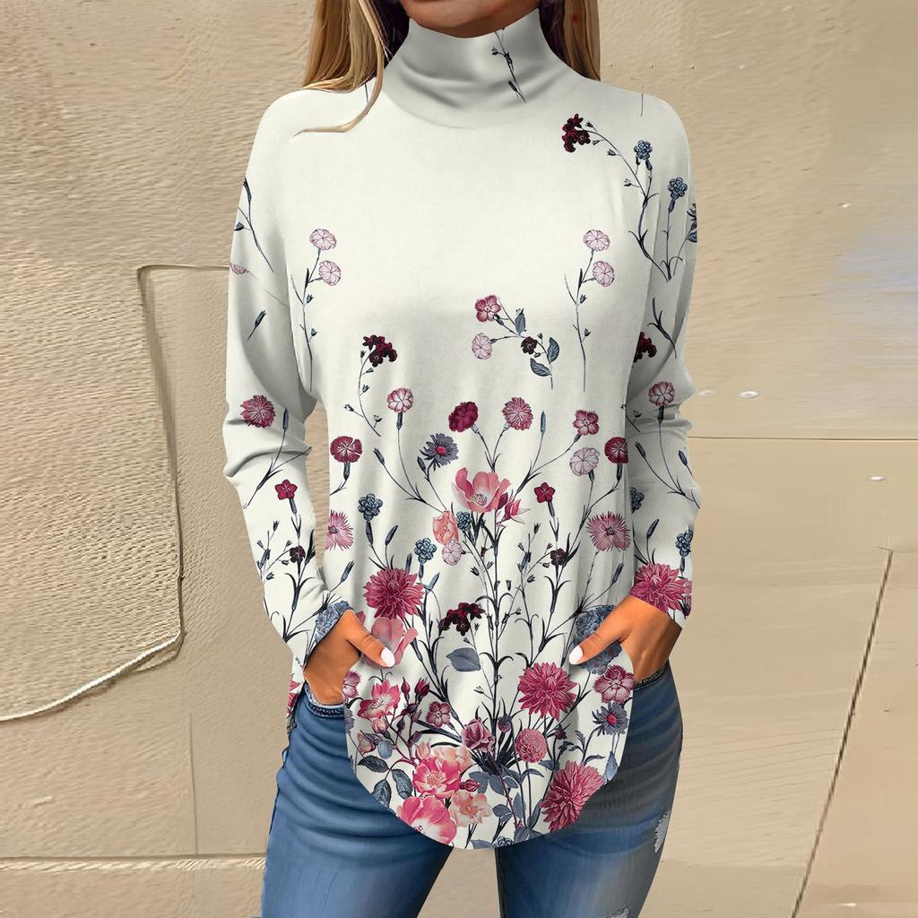 Женская модная повседневная футболка с длинным рукавом с высоким воротом и принтом, пуловер, топ