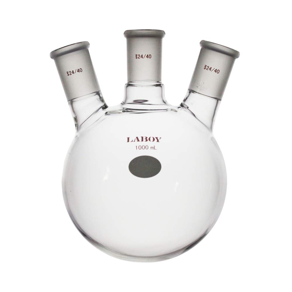 Laboy Glass 1000mL 3 Neck Round Bottom Boiling Flask with 24/40 Center & Side Joints Angled Distilling Receiving Reflux Flask Multi Neck Distillation