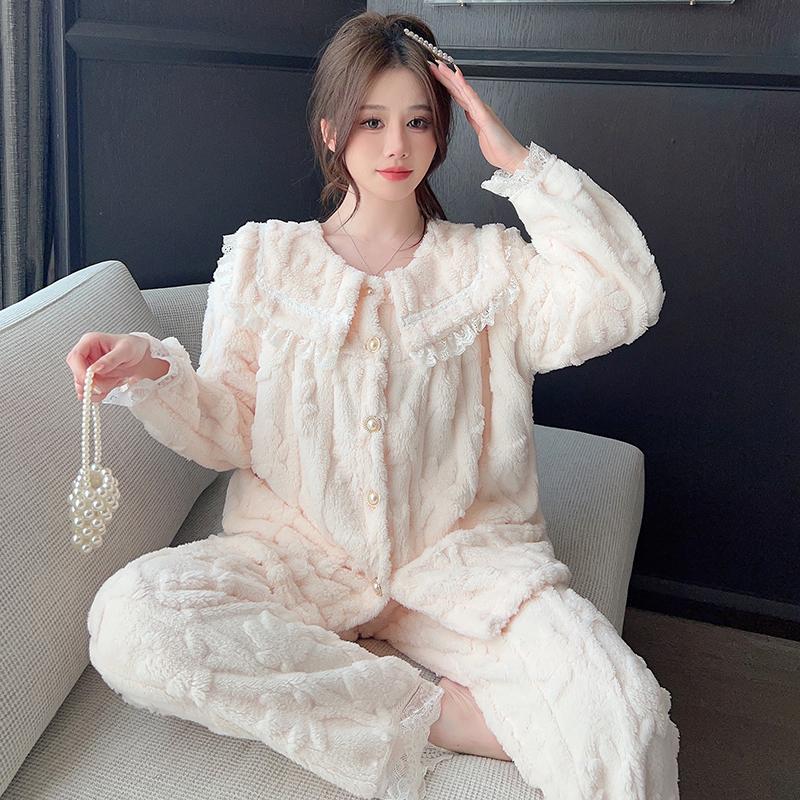 Весна-Осень плюшевая теплая женская пижама с кружевными лацканами, кардиган из 2 предметов, комплект женской милой однотонной пижамы для девочек