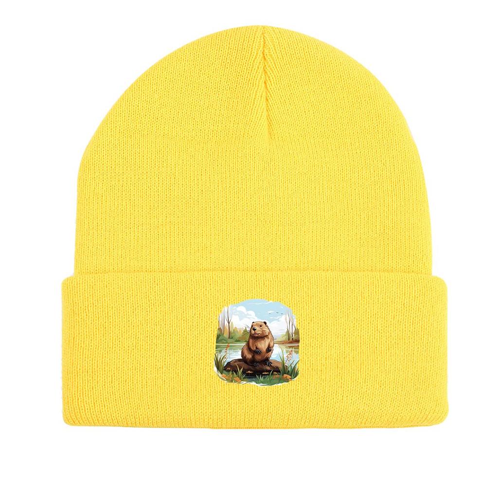 Hamster River Warm Knitted Hat Beanie, Animal Woman Cap Cozy Stretchy Leisure Gorro Knitted Cap Beanie