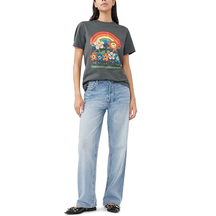 Ganni Ss23 Rainbow Pattern Printed Straight Casual Short Sleeve T-Shirt Women Tops Volcanic-Grey T3555490
