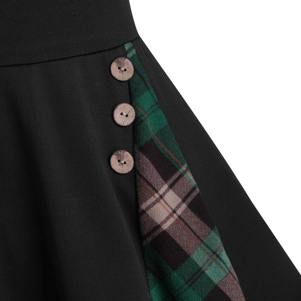 Женское винтажное клетчатое лоскутное платье с длинными рукавами и круглым вырезом на пуговицах