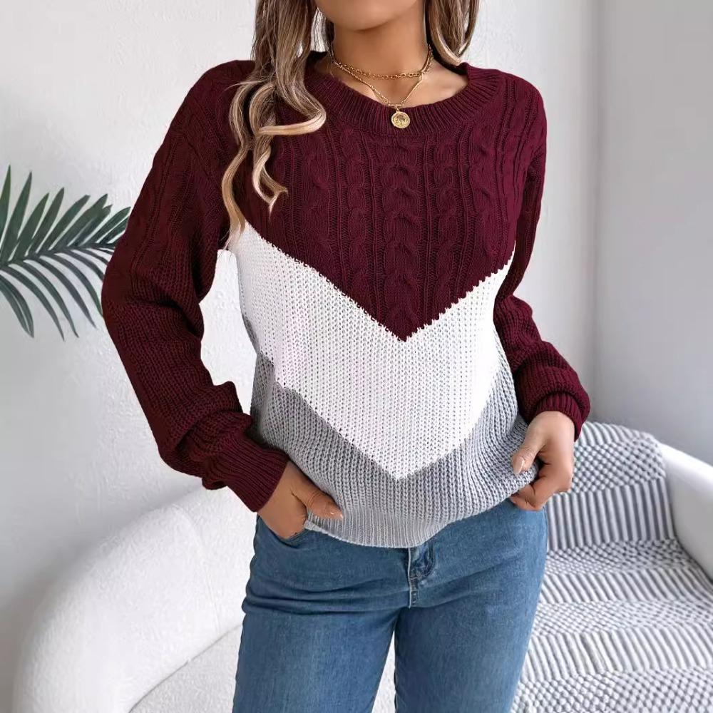 Women's Autumn/Winter Sweatshirt-Style Casual Colour-Block Cable-Knit Bell-Sleeve Pullover Loose-Fit Knitted Top for Ladies