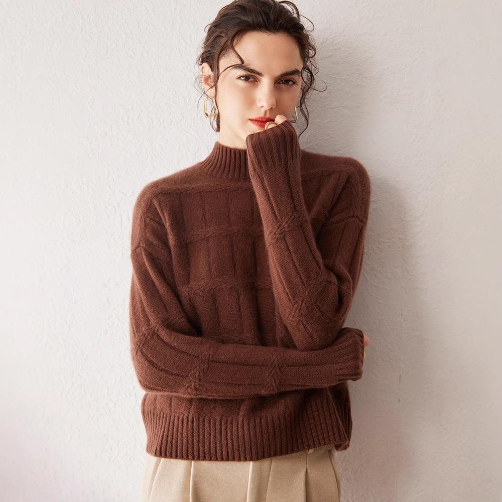 Женский пуловер из 100% кашемира винтажного свободного кроя с полувысоким воротником - толстый, теплый вязаный свитер для осени/зимы.