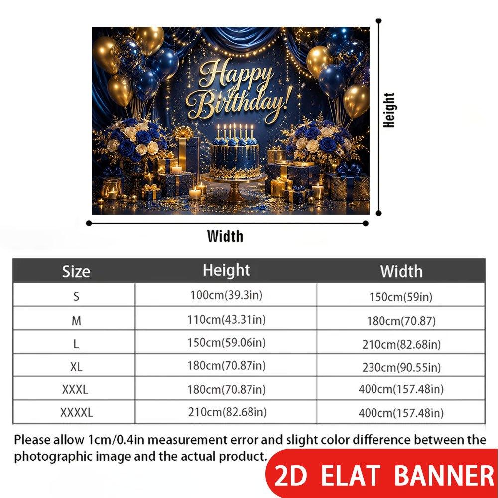 2D Flat Banner, Deep Blue and Golden Backdrop, Balloons, Floral Art, Gift Boxes, Candles, Polyester