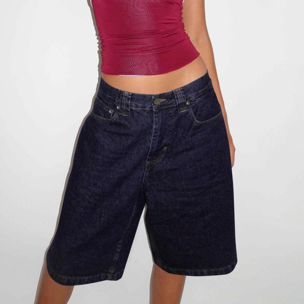 Women Jean High Waisted Trendy Patch Pockets Casual Summer Button Fly Denim Knee Length