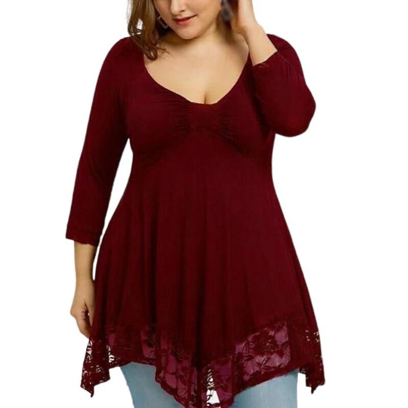 Женская свободная рубашка размера плюс с длинным рукавом, туника, топы с круглым вырезом, кружевная блузка с баской, струящиеся свободные рубашки, сплошной цвет