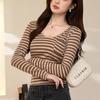 Футболка в полоску в стиле ретро для женщин с длинными рукавами, новая осенняя тонкая базовая рубашка с U-образным вырезом