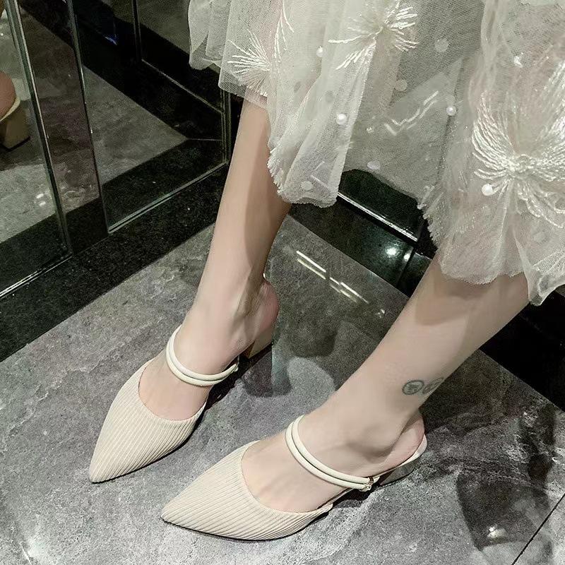 Pointed Head Bag Head Medium Heel Thick Heel Cool Slippers Half Drag Sandals Women's Summer 2025 New Cloth Outer Wear