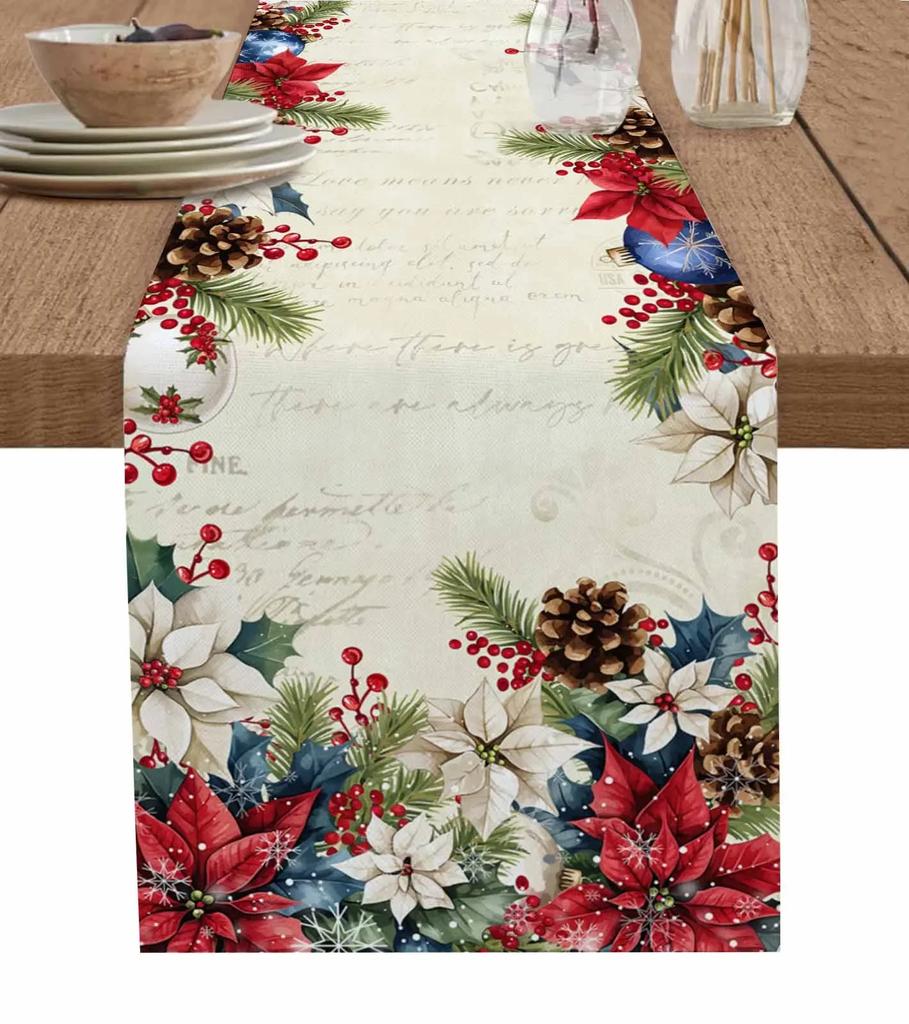 Christmas Silver Fir Leaves Snowflakes Wood Grain Linen Table Runners Kitchen Decoration Table Runner Festival Party Supplies