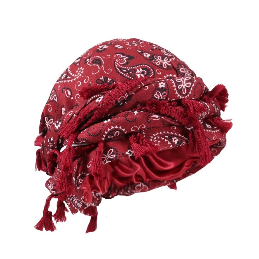 Tassel Durag Satin Lined Skull Cap, Soft Cotton Pirate Head Wrap, Adjustable Fringe Tassel Bandana, Hip Hop Hair Protection Bonnet for Men Women