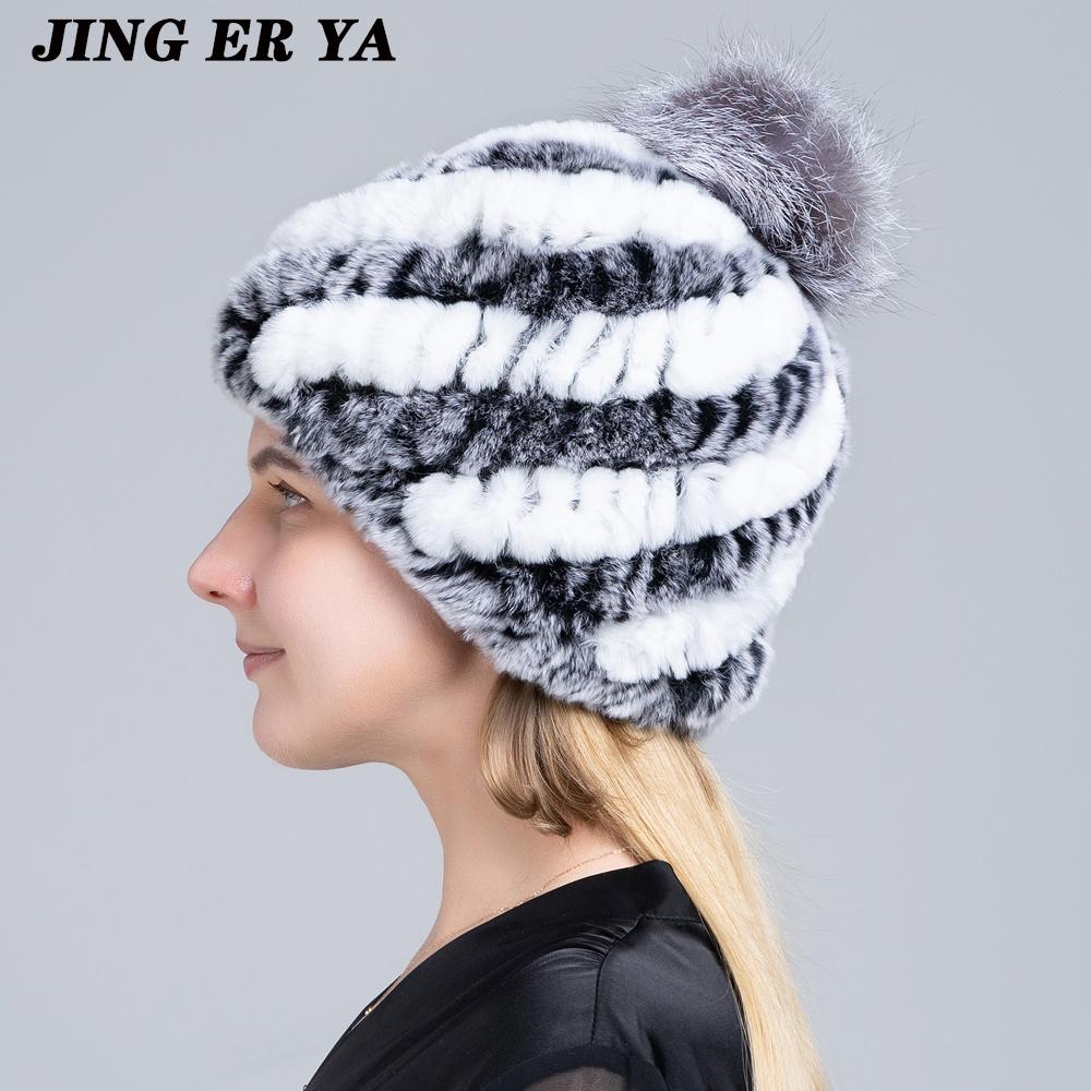 Вязаные шапки с помпоном для женщин, шапочки, однотонные эластичные шапки из меха кролика рекс, зимняя шапка Skullies, модные шапки из натурального меха