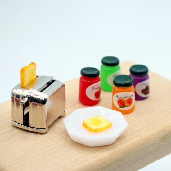 1/12 Dollhouse Mini Bread Machine with Toast Plate Sauce Miniature Toaster Bread Maker Kitchen Decorations Dollhouse Mini Accessories