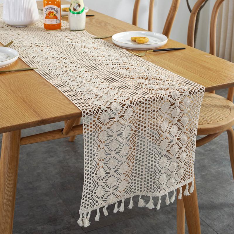 Wide Splicing Pastoral Crochet Knitted Hollow Dining Table Cloth Lace Fringed Table Flag