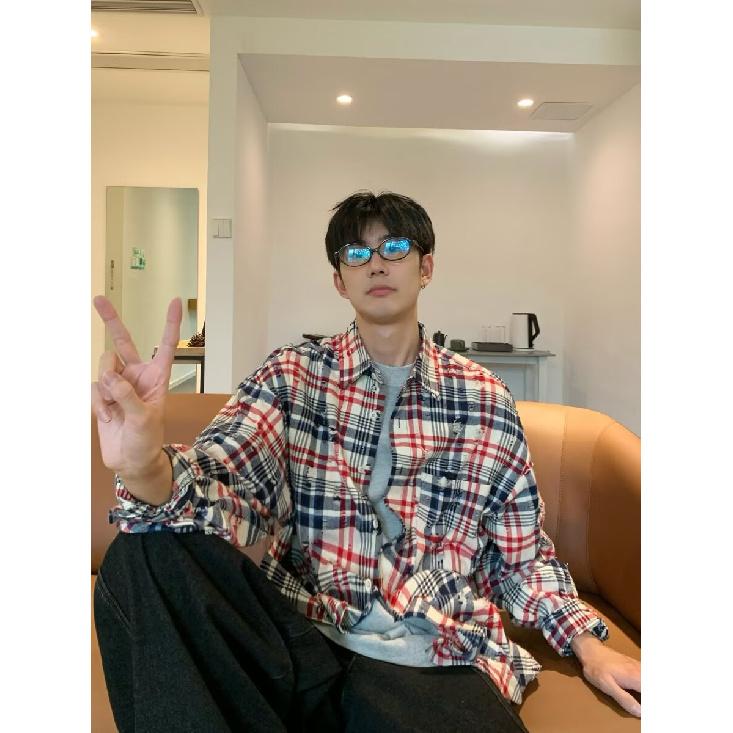 2024 Клетчатая рубашка с длинным рукавом в японском стиле Гонконга Ins Свободная рубашка для мальчиков Летнее модное универсальное повседневное пальто