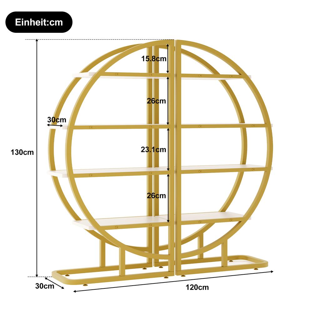 120×30×130 cm Round Arch Standing Shelf – 2-Piece Metal Bookshelf with Gold Frame & 4 White MDF Shelves, for Living Room, Kitchen & Decoration