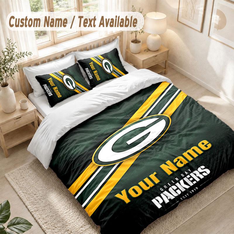 Custom Name Bedding Set 3 PiecesGreen Bay Packers Print Duvet Cover + 2 Pillowcases Soft Bed Decor