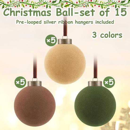15 Pcs Velvet Christmas Ball Ornaments 3.15 Inch Flocked Plastic Ball Xmas Tree Hanging Decoration for Holiday Party Decor