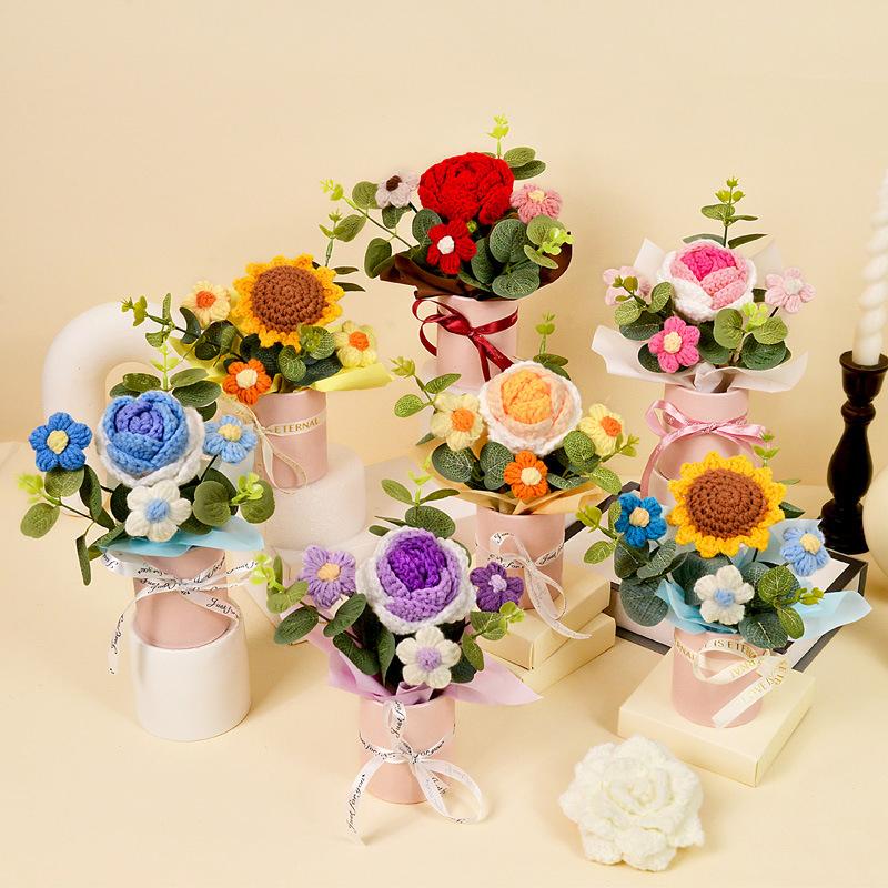 1 шт. Роза Элегантный подарок ручной работы Искусственный цветок Вечный Вязаный День святого Валентина Пышный Романтический букет Сделай сам 20x14 см