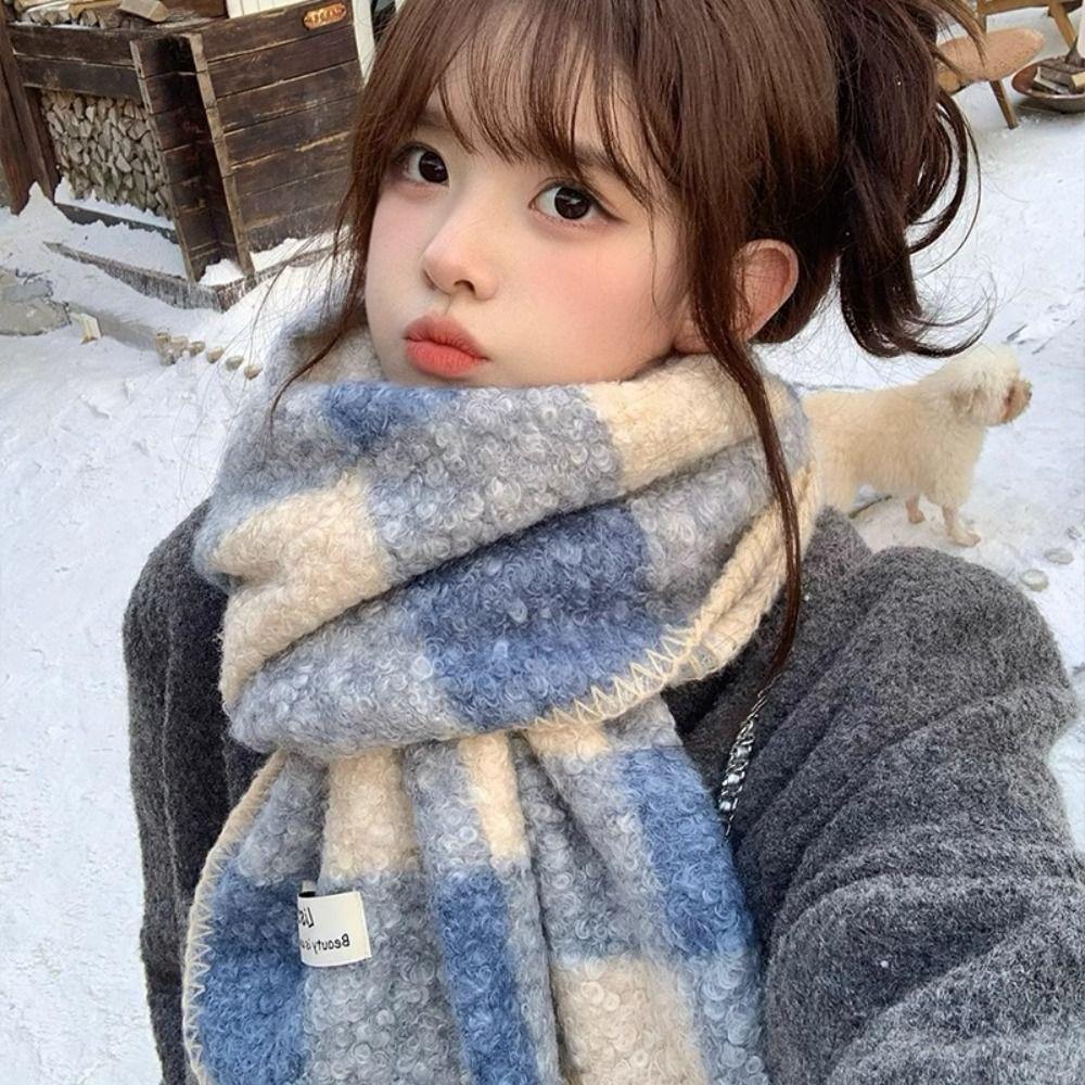 Korean Style Plaid Fleece Scarf Coldproof Winter Cashmere Shawl Elegant Curly Wool Scarf Women
