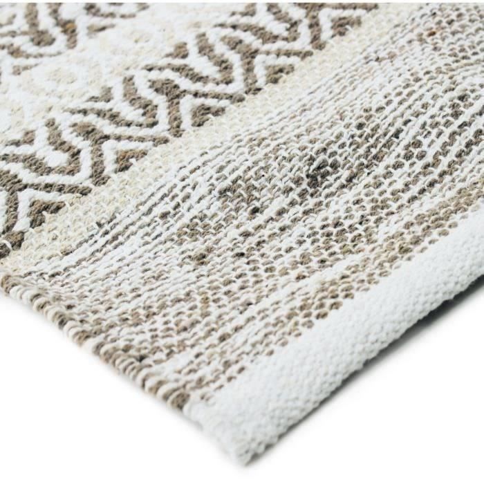 TERRA COTTON - 100% Cotton Living Room or Bedroom Rug with Ethnic Look with Crisscross Stripe 120 X 170 Cm White and SAND BROWN