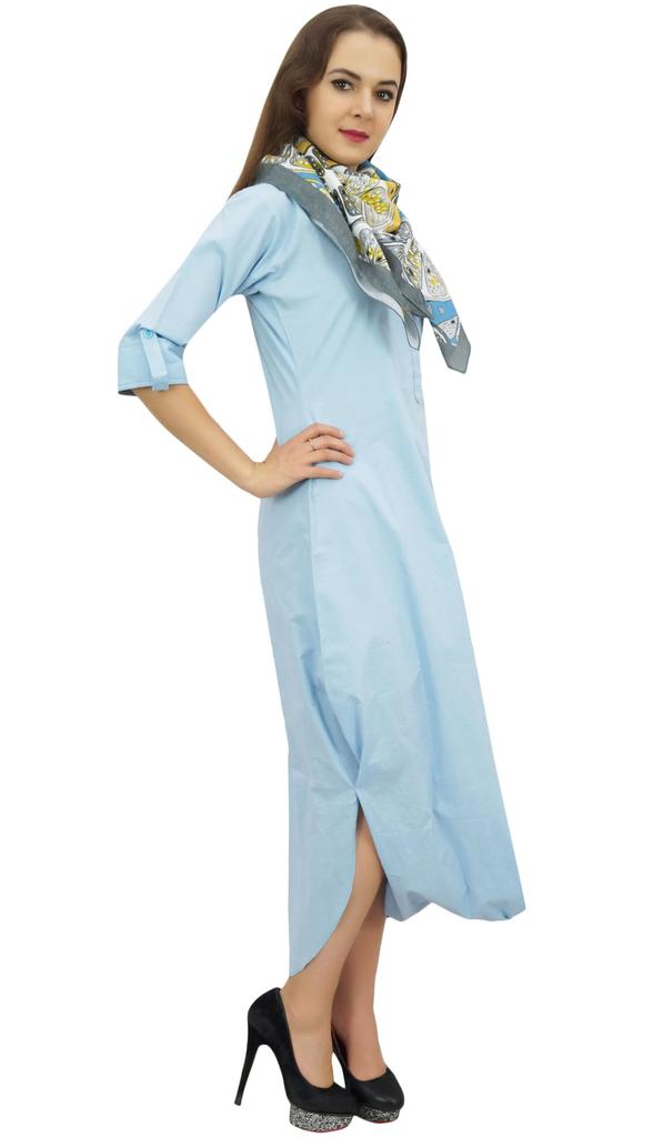 Bimba Women's 3 4 Sleeves Light Blue Casual Cowl Loose Maxi Dress With Scarf -