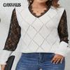 Spring and Autumn Plaid Women's Plus Size Knitwear Splicing Lace Sexy V-neck Fashion Tops