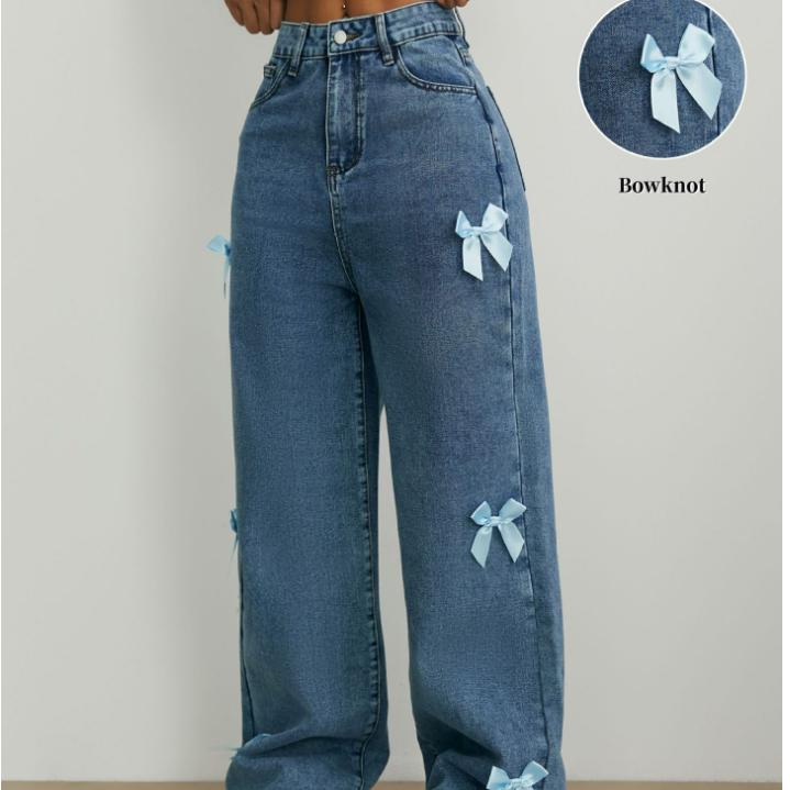 Женские повседневные джинсы с бантом Y2k Blue Baggy Denim Trousers Loose Straight Sweet Coquette Aesthetic Washed Jeans