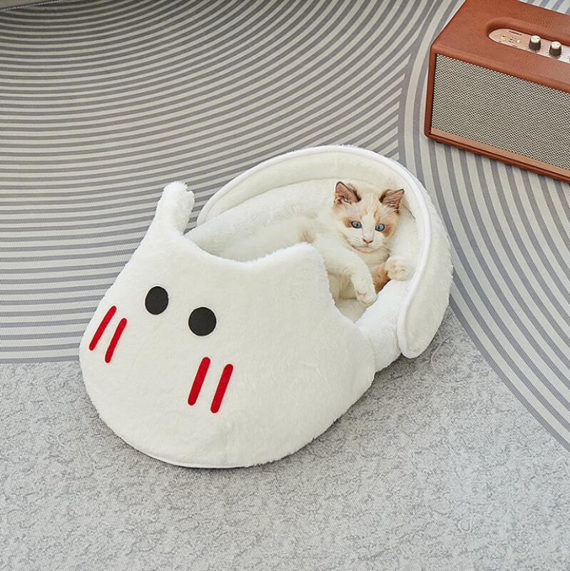 Зимняя теплая тапочковая лежанка для кошек, уютный плюшевый домик для питомцев для домашних кошек, мягкий удобный коврик для питомцев с нескользящим дном