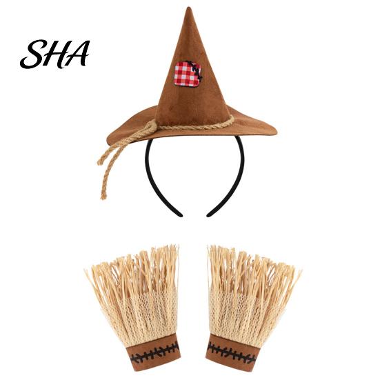 Elastic Headband for Costumes Scarecrow Costume Set, with Pointed Hat And Straw Retro Pieces Bracelets, Halloween Cosplay Farm Party Accessories