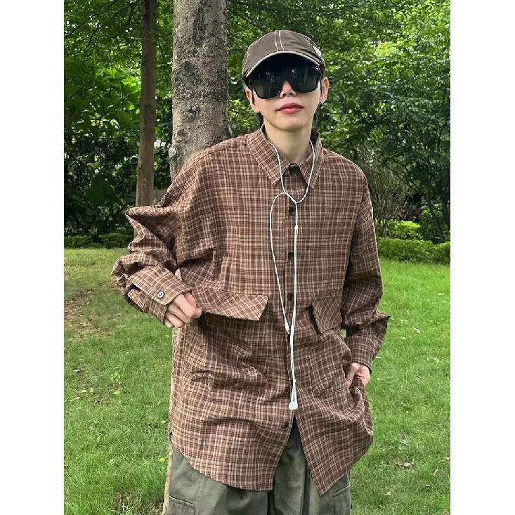 Рубашка в японском стиле в стиле ретро с большим карманом, с длинными рукавами, для мужчин и женщин, винтажная, с несколькими карманами, контрастного цвета, для пары, рубашка, пальто