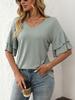 Women's 2025 V-Neck Ruffled Sleeve Short Sleeve T-Shirt, Solid Color Casual Summer Blouse with Flowy Hem for Daily & Vacation Outfits