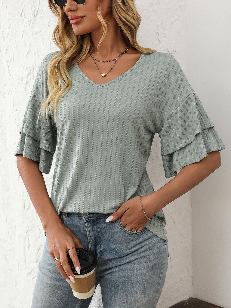Women's 2025 V-Neck Ruffled Sleeve Short Sleeve T-Shirt, Solid Color Casual Summer Blouse with Flowy Hem for Daily & Vacation Outfits