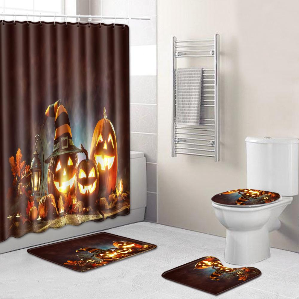 Halloween Shower Curtain Floor Mat Combination Four-Piece Household Door Mat Bedroom Non-Slip Carpet
