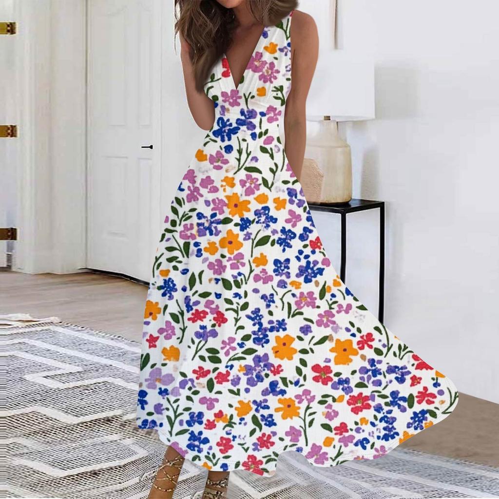 Женские модные повседневные свободные платья с V-образным вырезом без рукавов с принтом