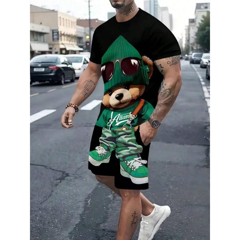Милый мультяшный принт, летний повседневный мужской костюм с круглым вырезом, городская мода, уличный топ с короткими рукавами и шорты, повседневный универсальный наряд