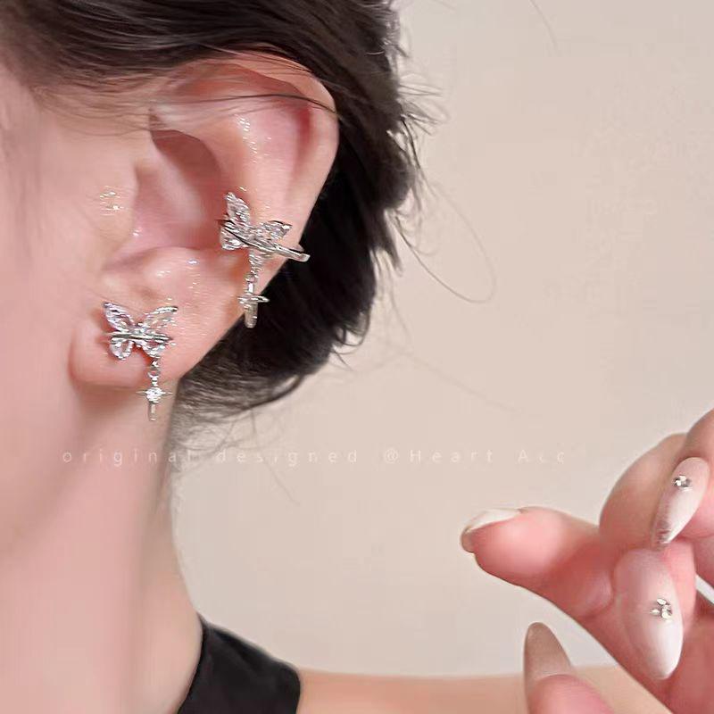 ДНК сердцебиения: Серебряные серьги-бабочки со звездой и цирконом - Нишевая роскошь, клипсы для непроколотых ушей