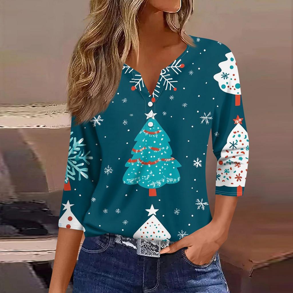 Жен. Футболка Футболка С принтом Пуговицы Рукав 3/4 Повседневные Выходные Мода Классический V-образный вырез Обычный Топ