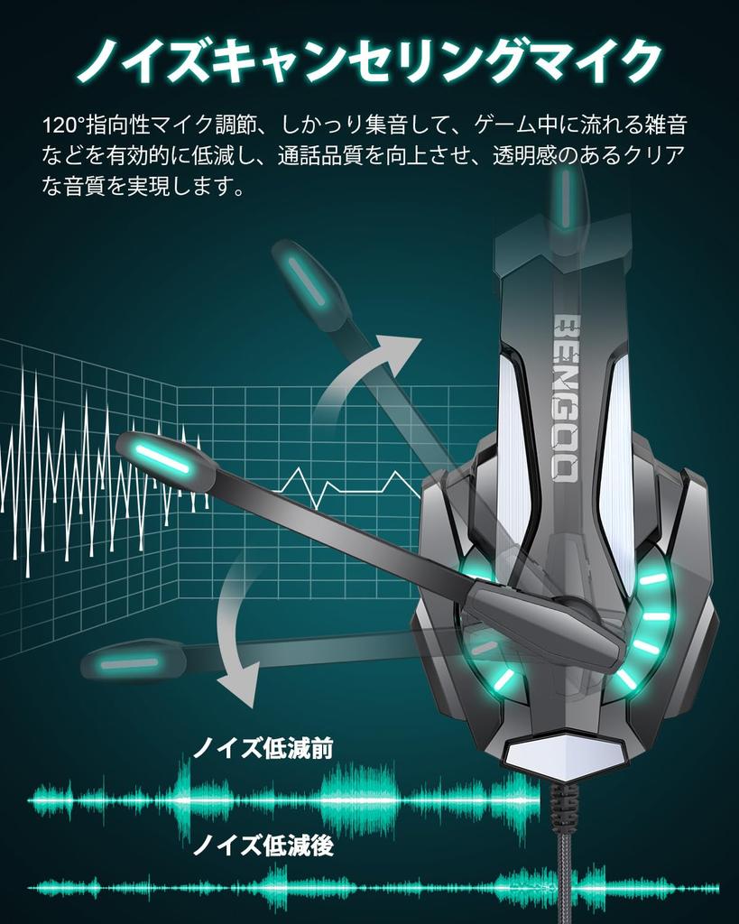 BENGOO Gaming Headset for Noise Cancelling with Wired Gaming Deep LED Controller Stereo FPS Compatible with Nintendo Xbox and PCs PS5, Microphone,