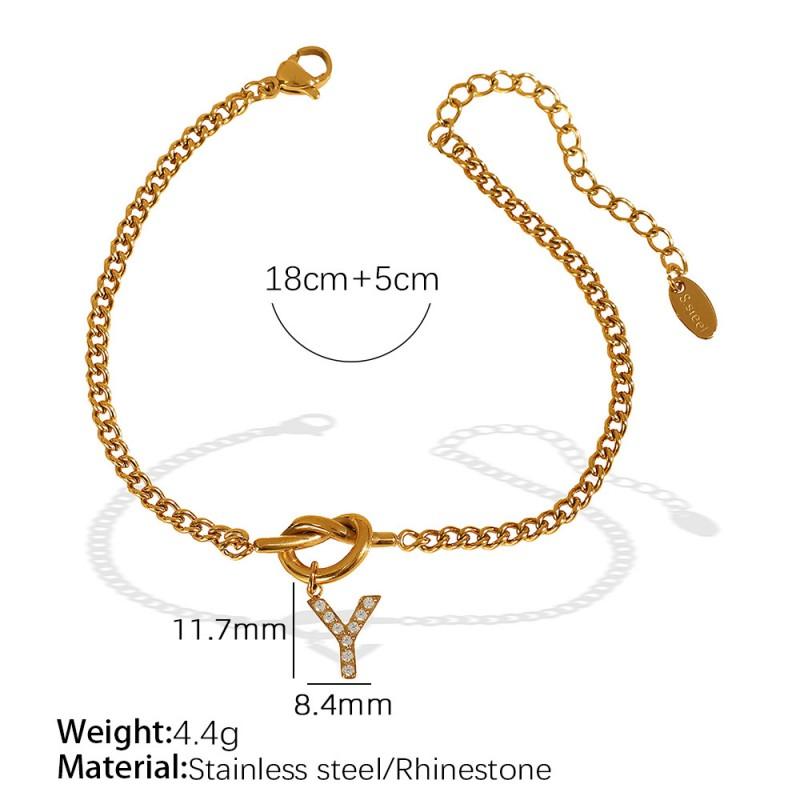 26 Alphabet Letter Bracelet With Rhinestone Accents Titanium Steel Chain Women Fashion OL Style Gold Tone