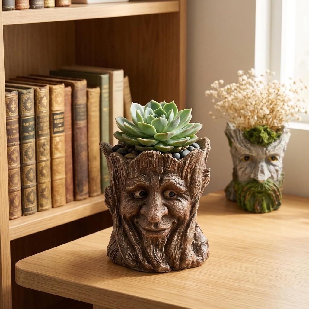 Resin Tree Stump Elderly Face Planter Pot for Home Garden Decoration