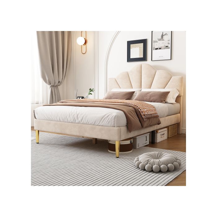 Lit rembourré - MUVOE - 140x200 cm - Velours beige - Tête de lit réglable - Sommier à lattes en bois