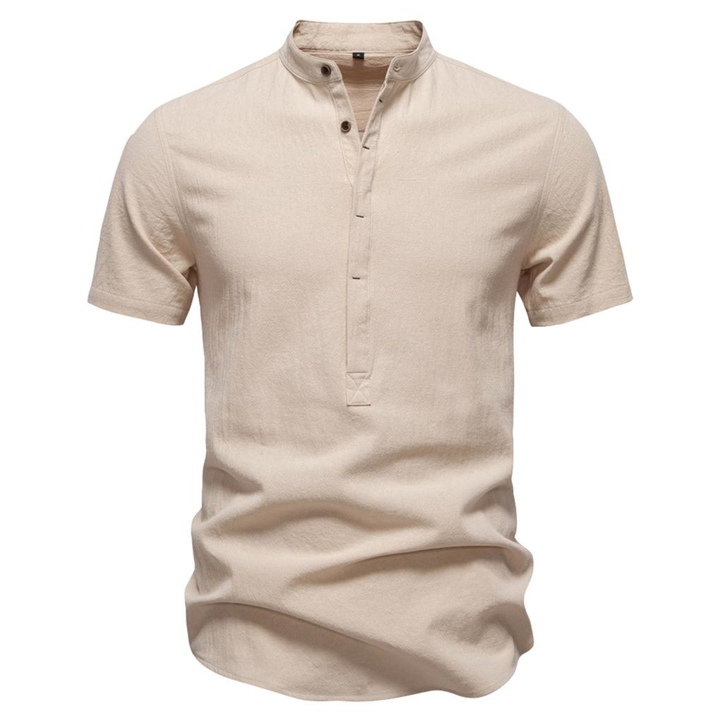 Men's Solid Color Cotton Linen Button Stand Collar Short Sleeve Top Men's Casual Breathable Tops