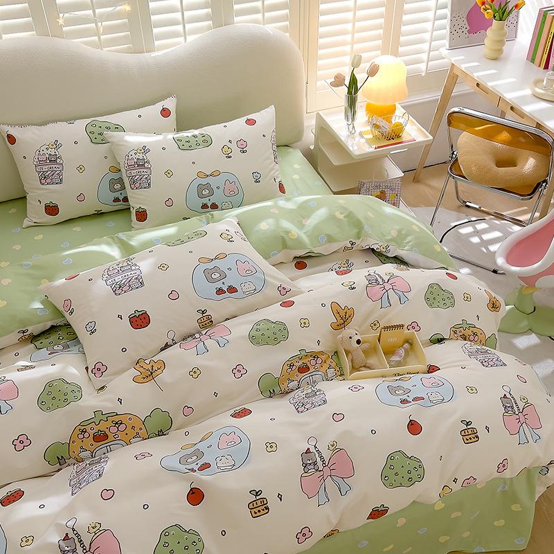 Милый комплект из четырех предметов из чистого хлопка, комплект из трех предметов, хлопковая простыня и пододеяльник, пододеяльник с рисунком из мультфильма