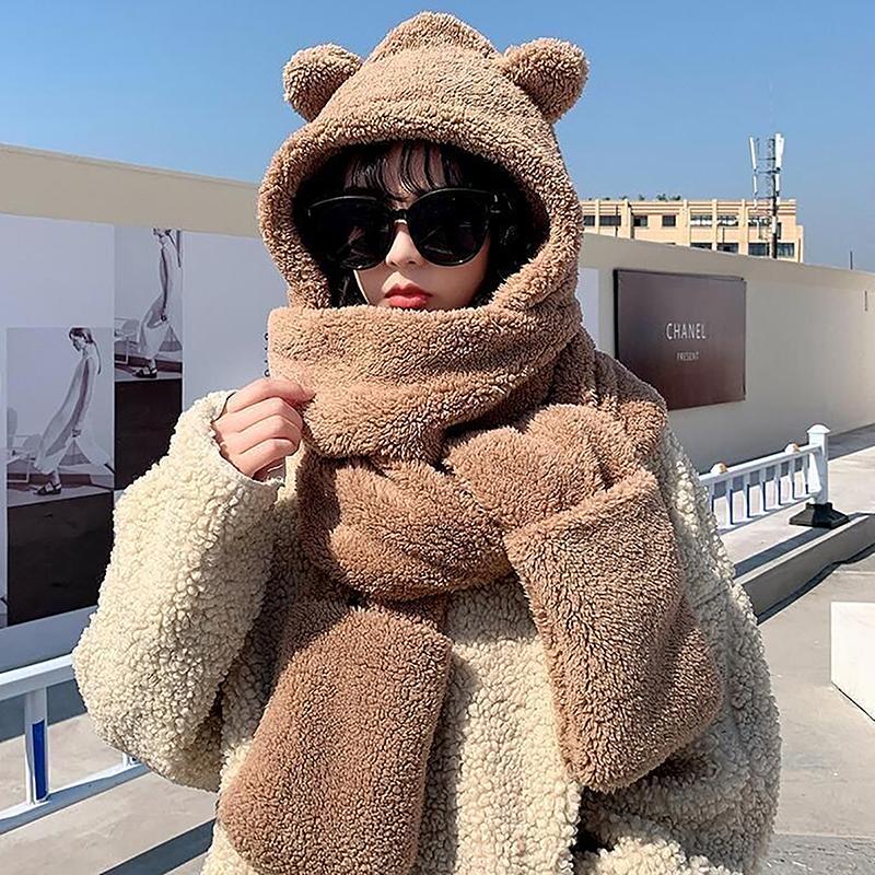 Зимние женские шапки с капюшоном, теплые шапки с медвежьими ушками, повседневная плюшевая шапка, шарф, повседневные женские шапки, теплые головные уборы