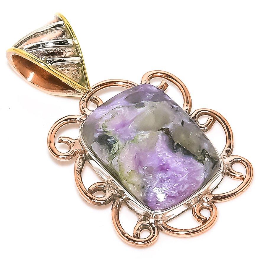 Natural Charoite Gemstone Two Tone 925 Solid Sterling Silver Pendant 1.30'' O1k81