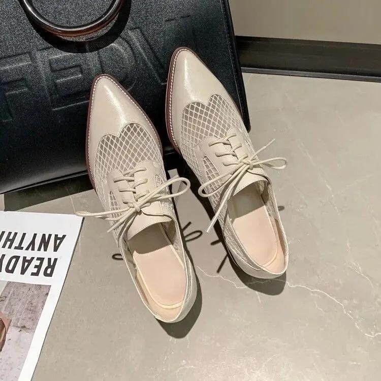 2024 Genuine Cow Leather Oxfords Women Shoes Lace-Up Ladies Brogue Flat Derby Shoes Pointed Toe Lace-up Heels Women Shoes for Women