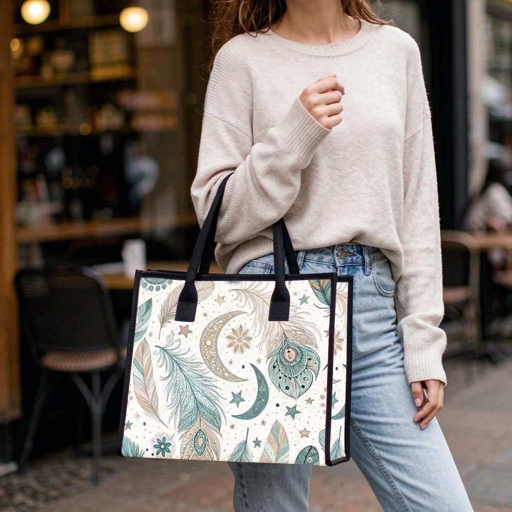 Boho Moon Feather Printed Tote Bag Fashion Casual Portable Daily Carry All Handbag for Women