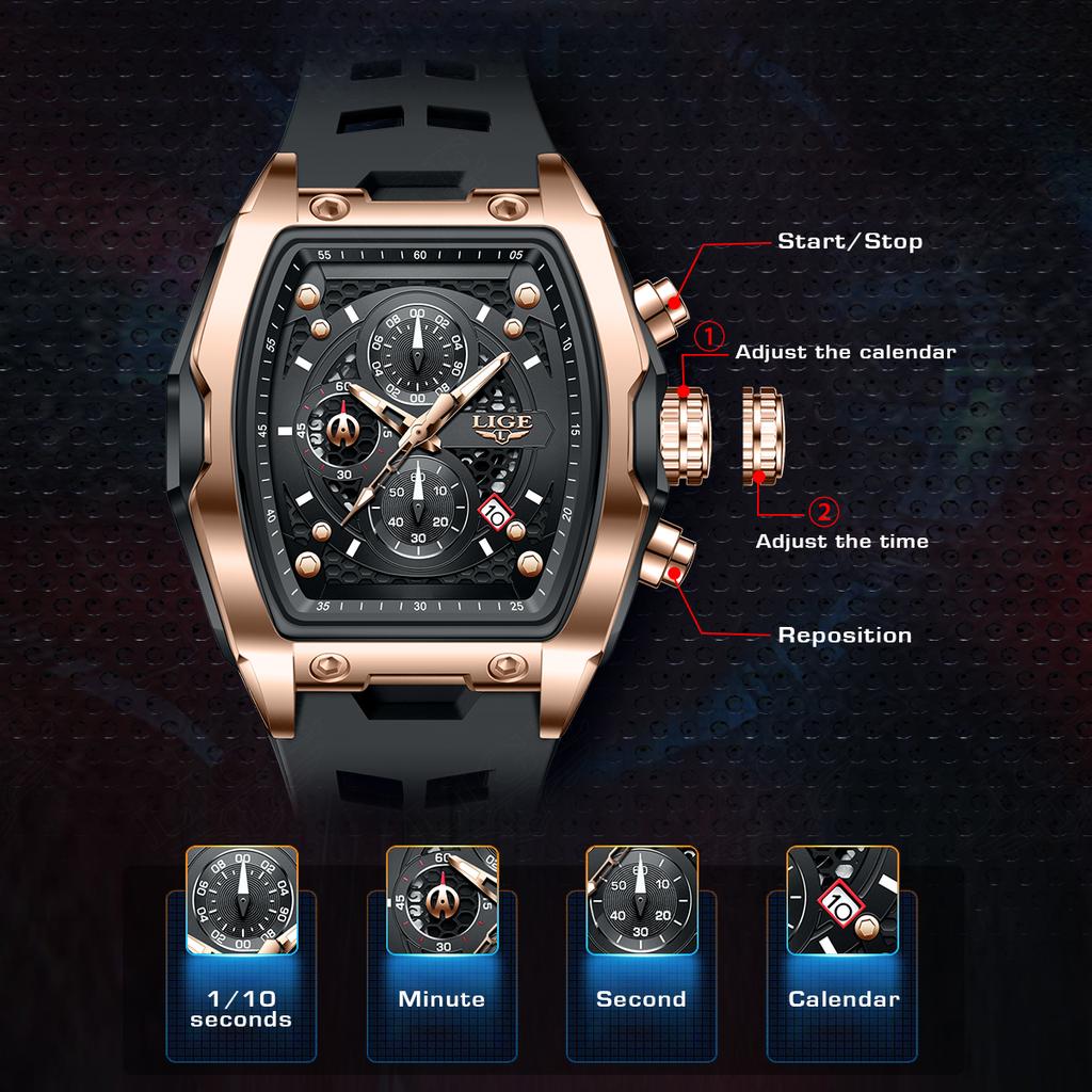LIGE Silicone Watch for Man Fashion Military Sports Waterproof Quartz Watches Date Luminous Men's Watch Chronograph Wristwatch