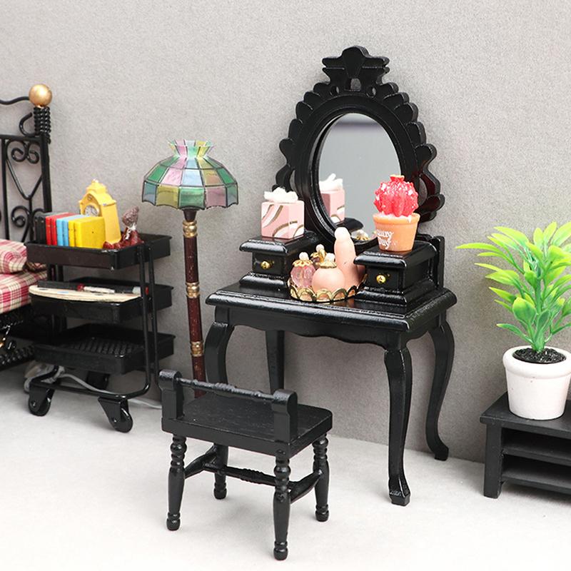 1:12 Dollhouse Miniature Wooden Makeup Dressing Table With Stool Dressing Cabinet Storage Cabinet Dolls Bedroom Bathroom Furniture Decor
